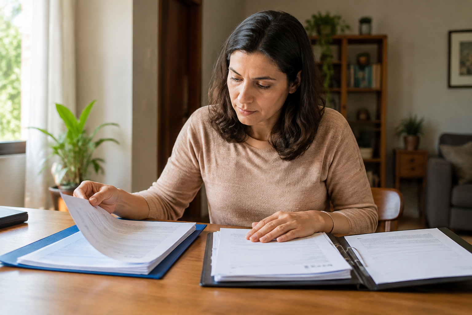 Inquilina confere documentos profissionais e contratuais à mesa de casa.
