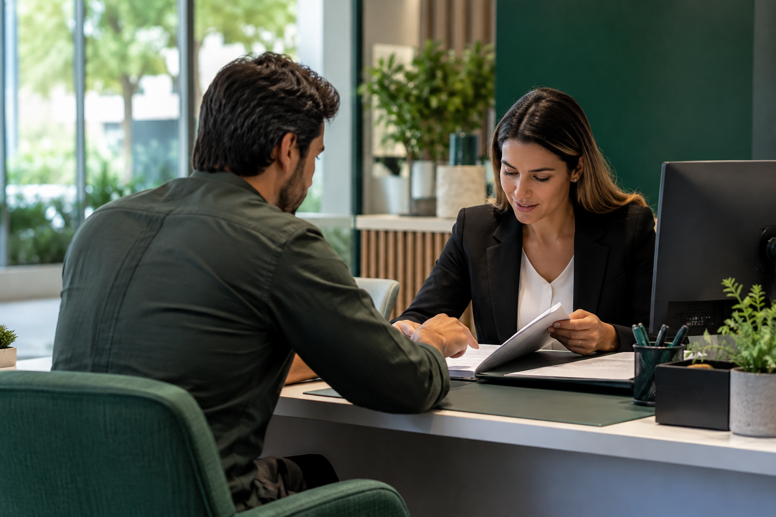 Fotografia editorial realista de atendimento presencial em instituição financeira sem identificação de marca, cliente e atendente conferindo