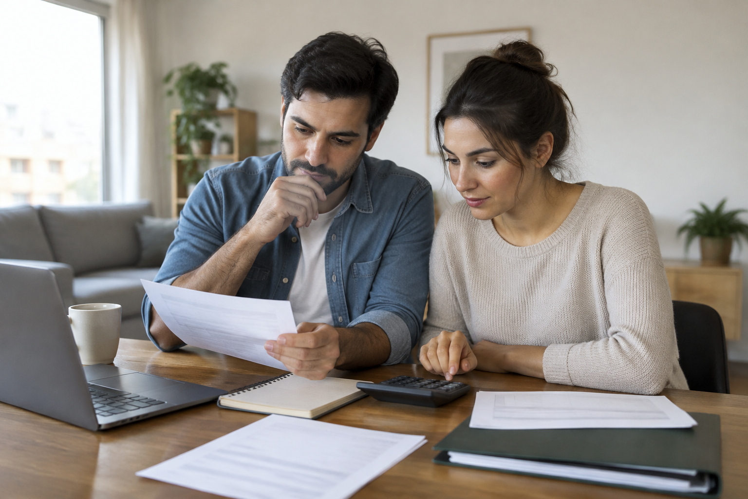Casal organiza documentos e usa calculadora para avaliar os recursos disponíveis para a compra.
