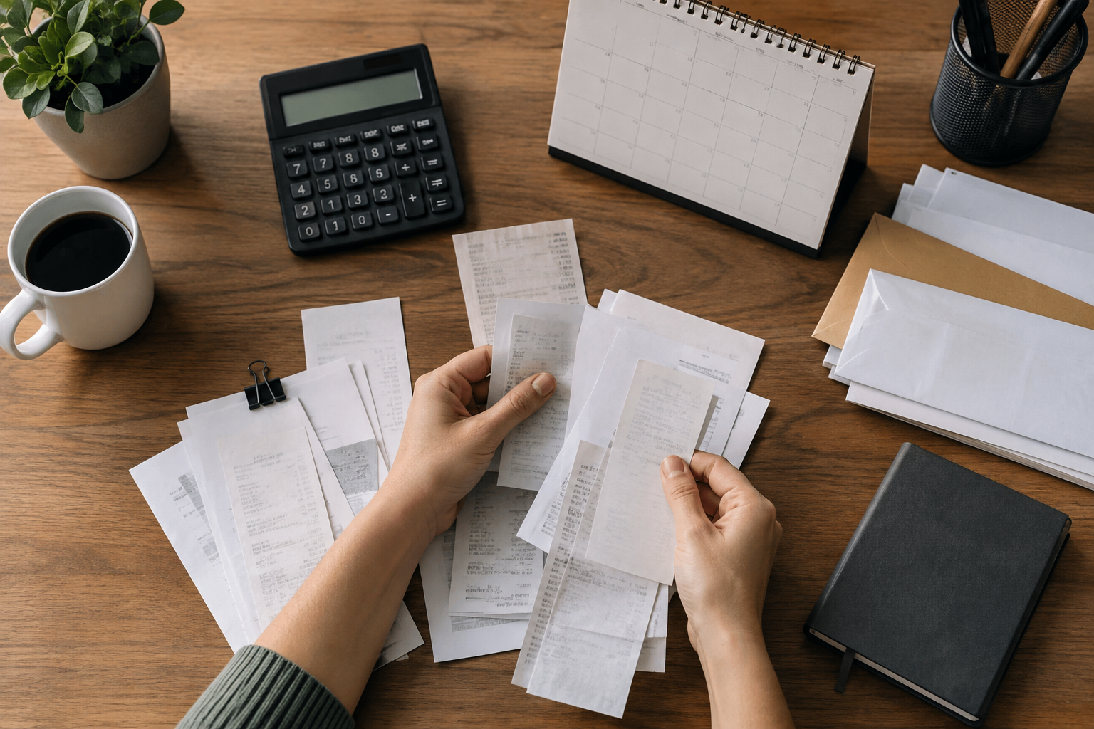 Fotografia realista em vista superior de mesa doméstica com calculadora de visor apagado, calendário sem letras ou números legíveis, envelop