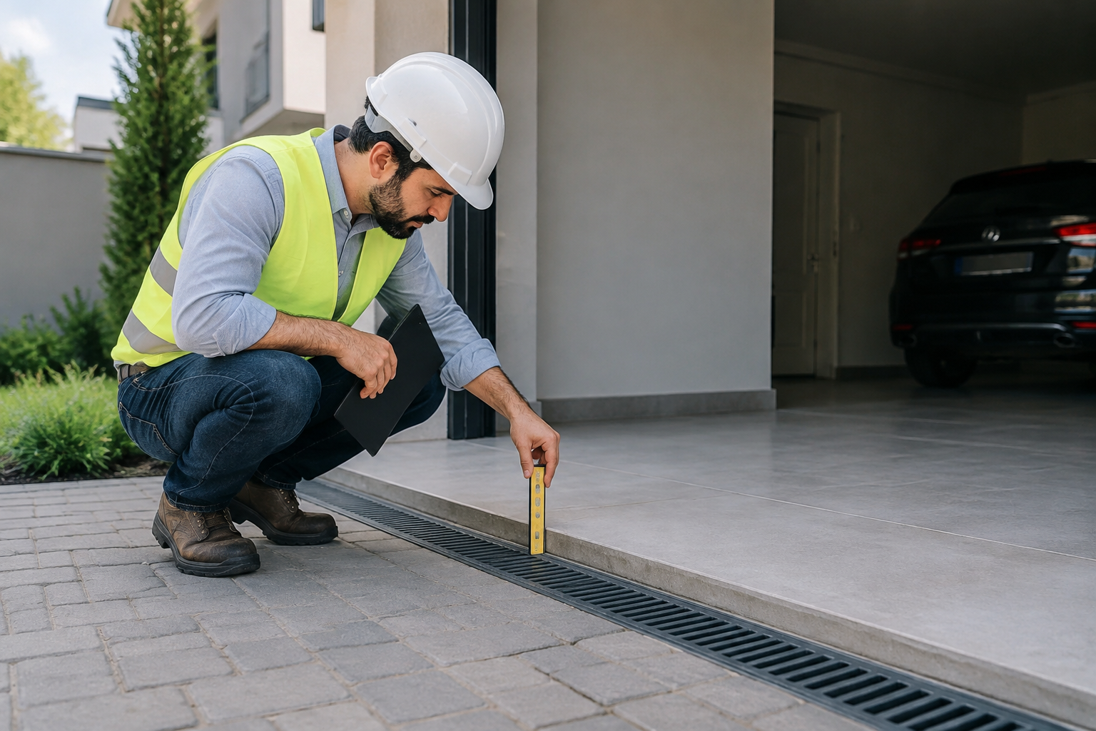 Profissional inspeciona a drenagem e os níveis de acesso de uma garagem residencial.