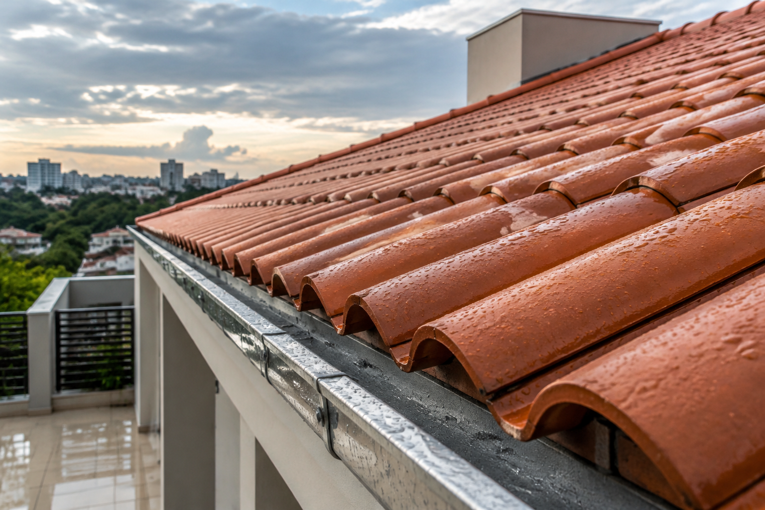 Detalhes de telhado e calhas relevantes para conservação e análise de cobertura.