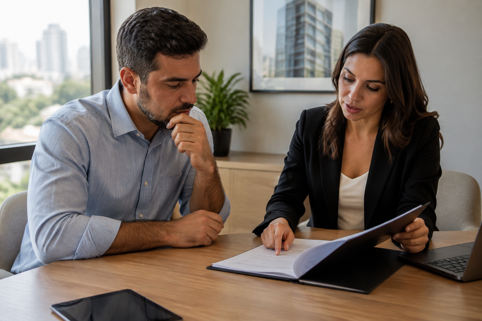 Comprador e profissional de crédito conferem documentos para financiamento imobiliário.