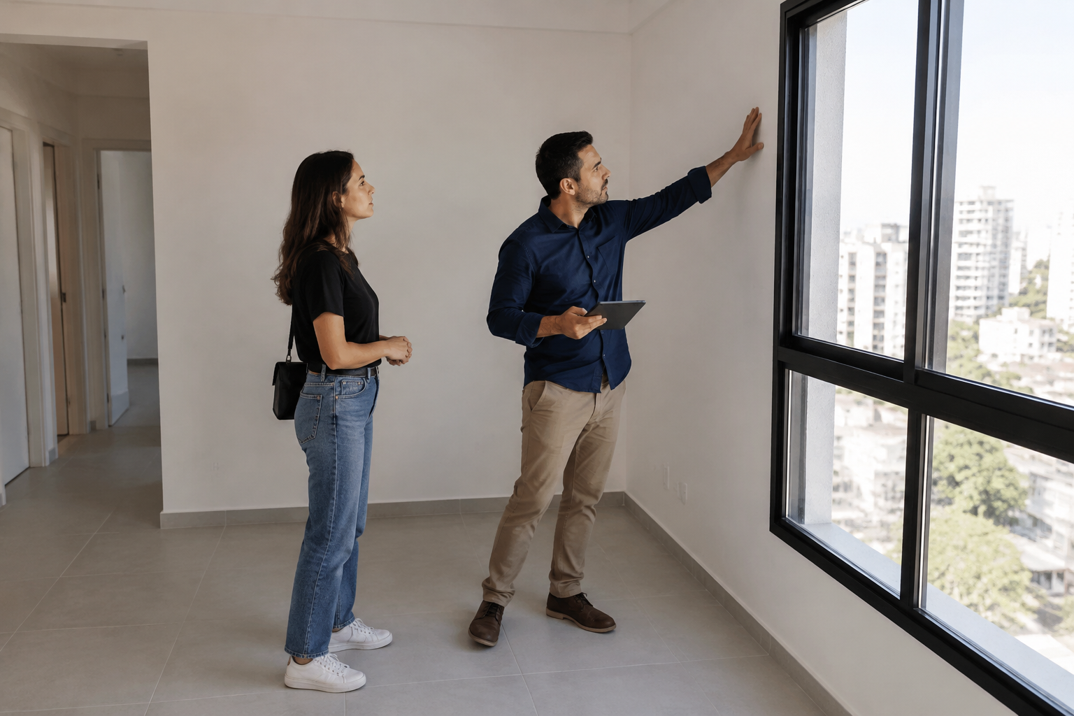 Comprador acompanhando a avaliação das condições de um apartamento vazio.