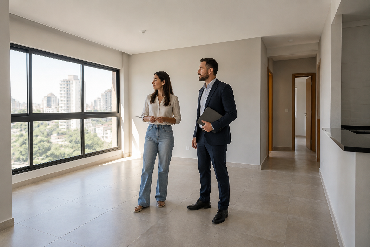 Comprador e profissional observam a sala de um apartamento durante uma visita.