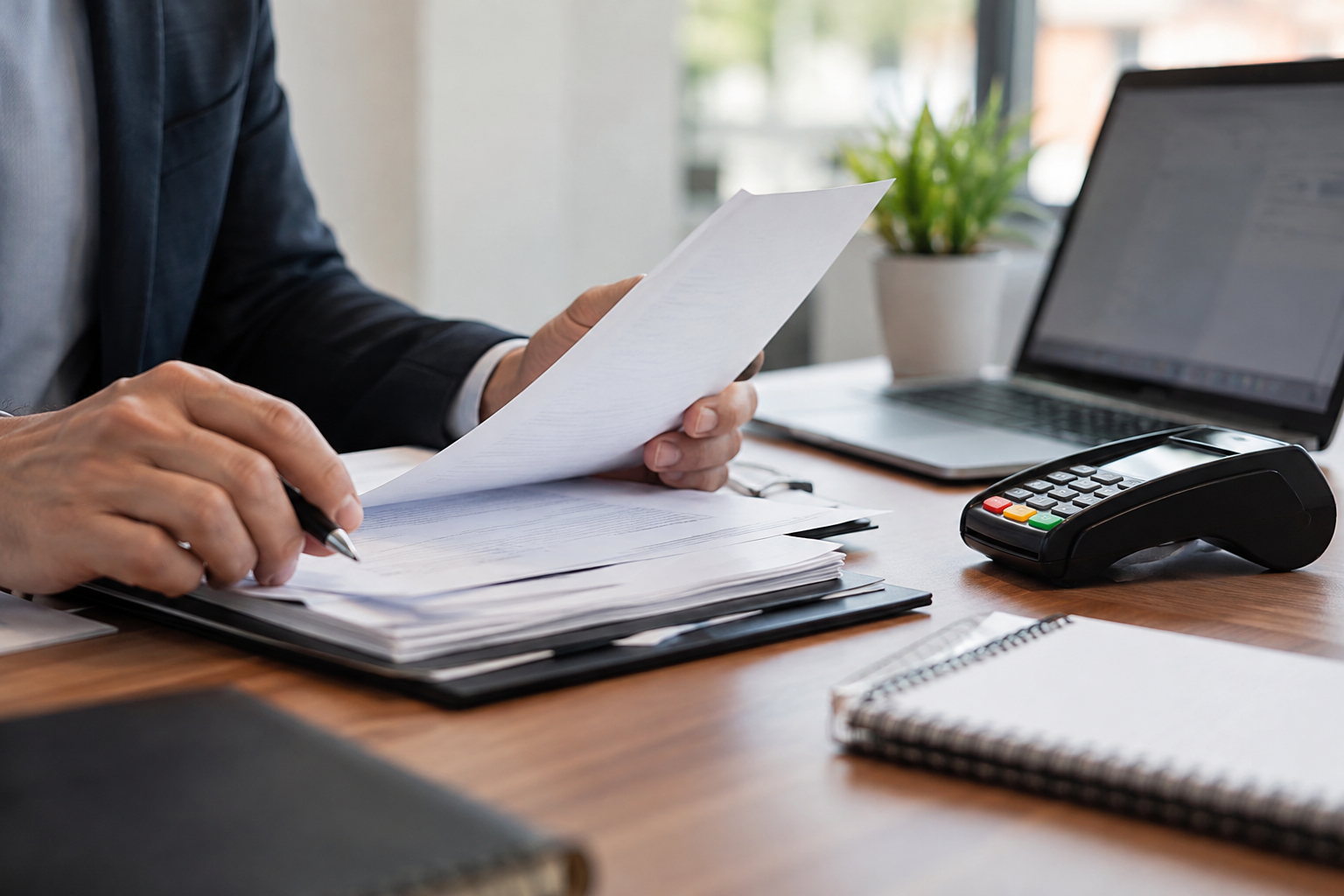 Conferência de pagamentos e obrigações financeiras em escritório.