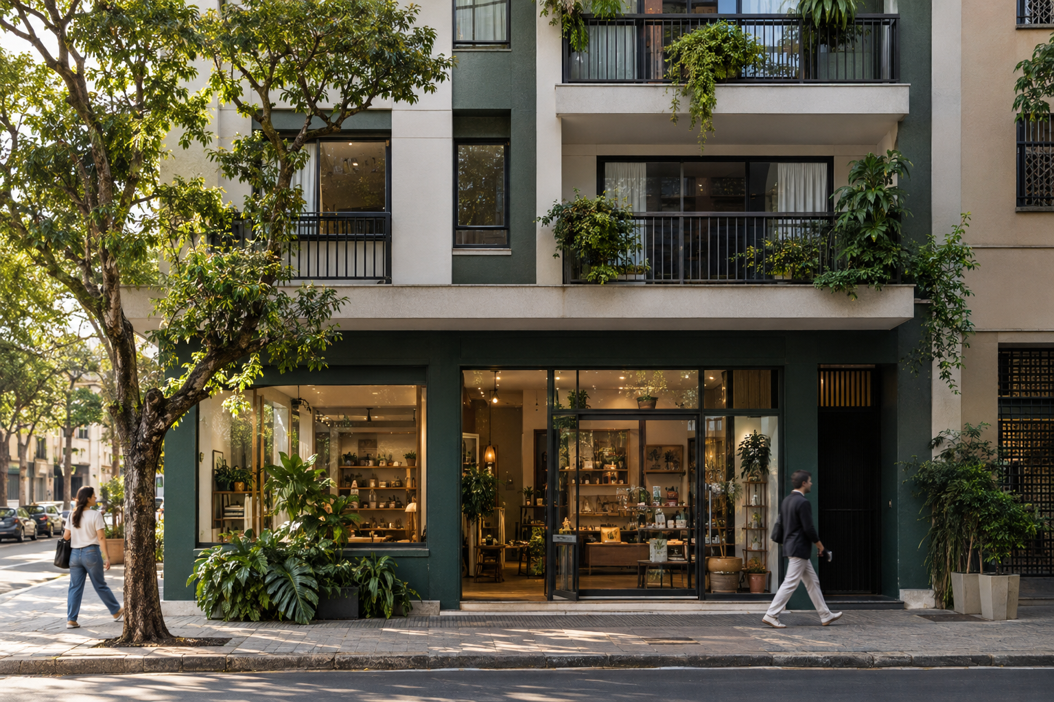 Edifício de uso misto com comércio no térreo e apartamentos acima.