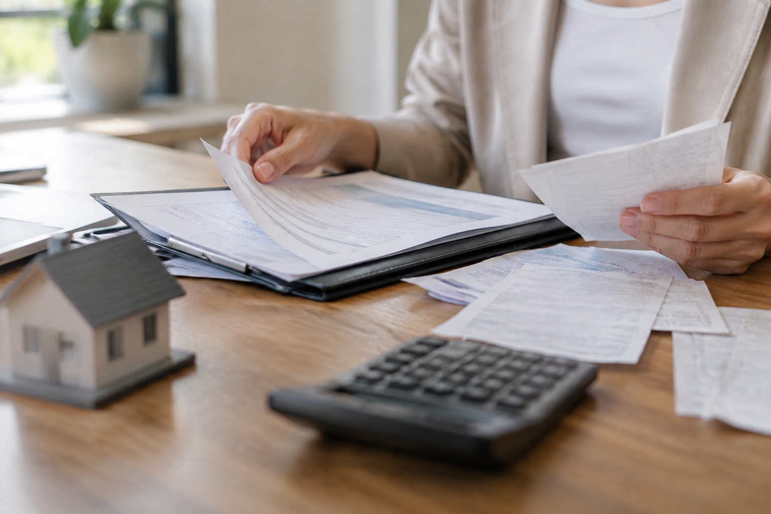 Mãos organizando comprovantes e documentos para conferir os custos de uma aquisição imobiliária.