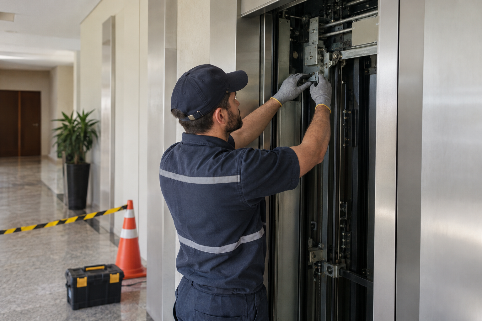 Técnico verifica o mecanismo da porta de um elevador.