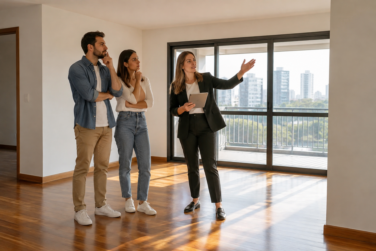 Casal avalia a sala de um apartamento vazio durante uma visita acompanhada.