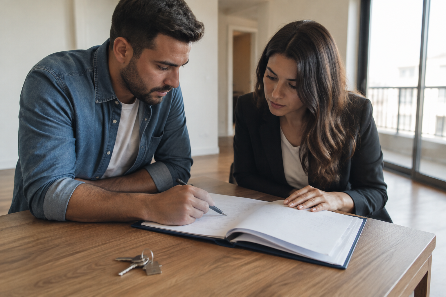 Duas pessoas analisam documentos de locação em um apartamento vazio.
