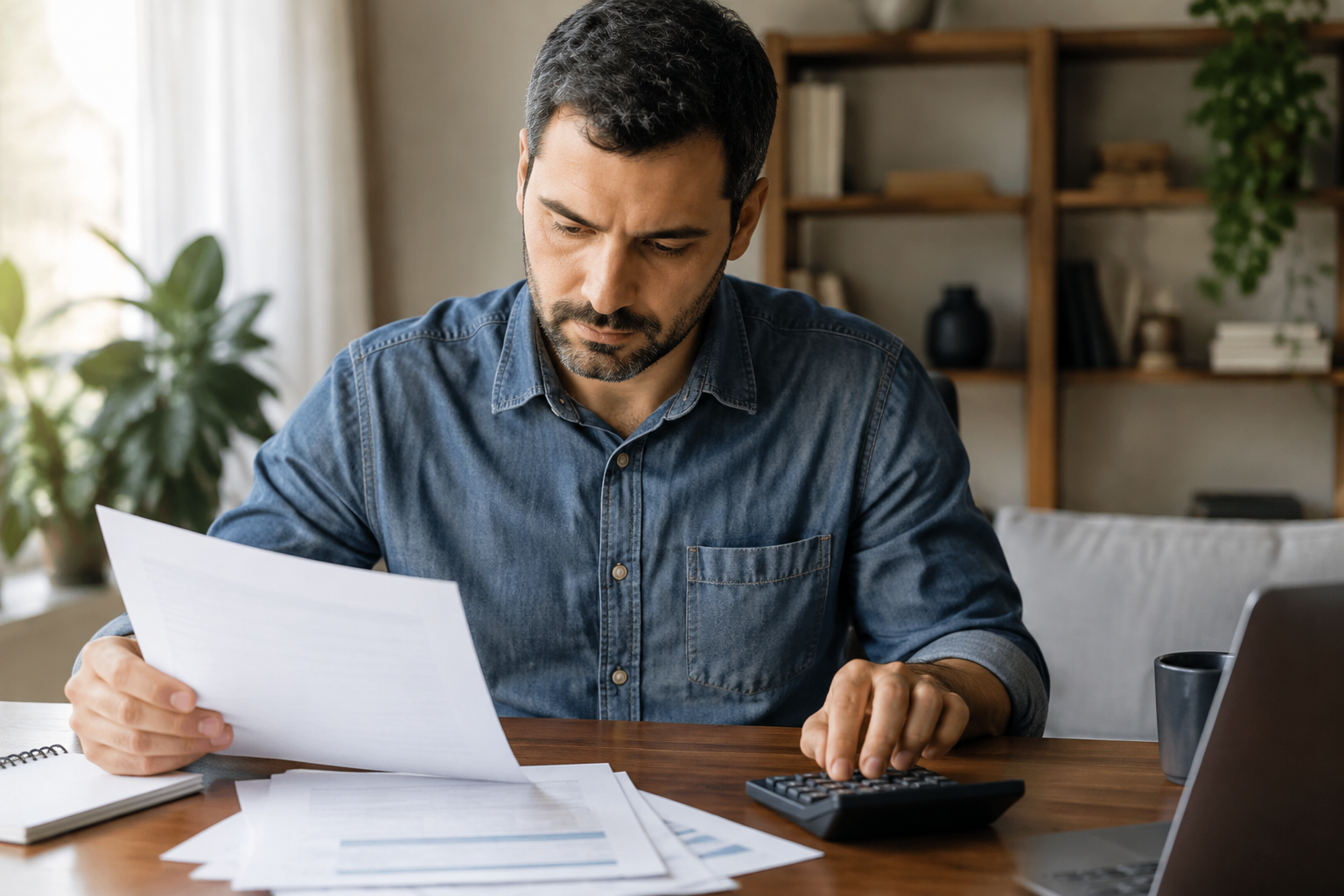 Investidor organiza documentos e calcula os custos de uma compra imobiliária.