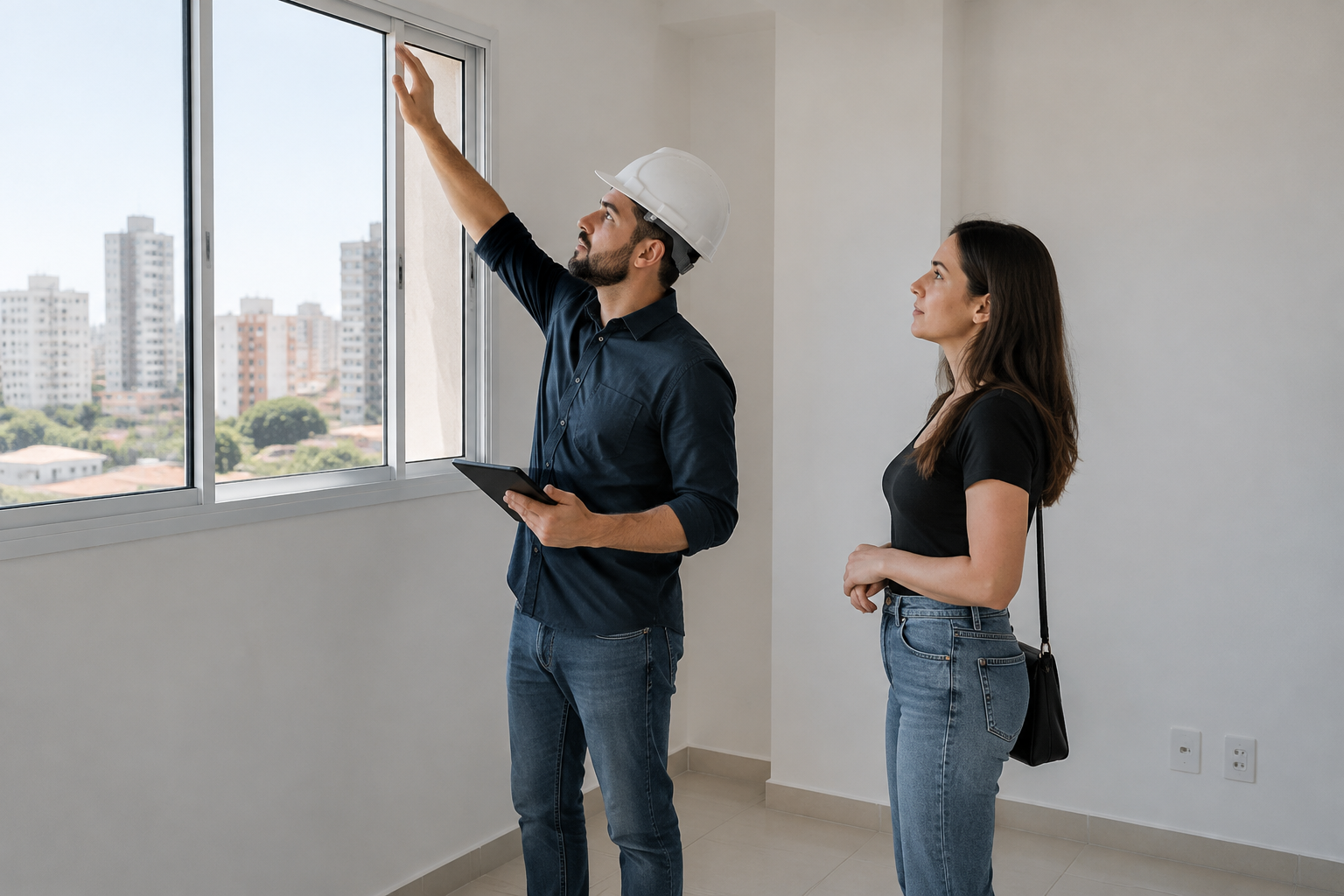 Comprador acompanha a avaliação do estado de conservação de um apartamento vazio.
