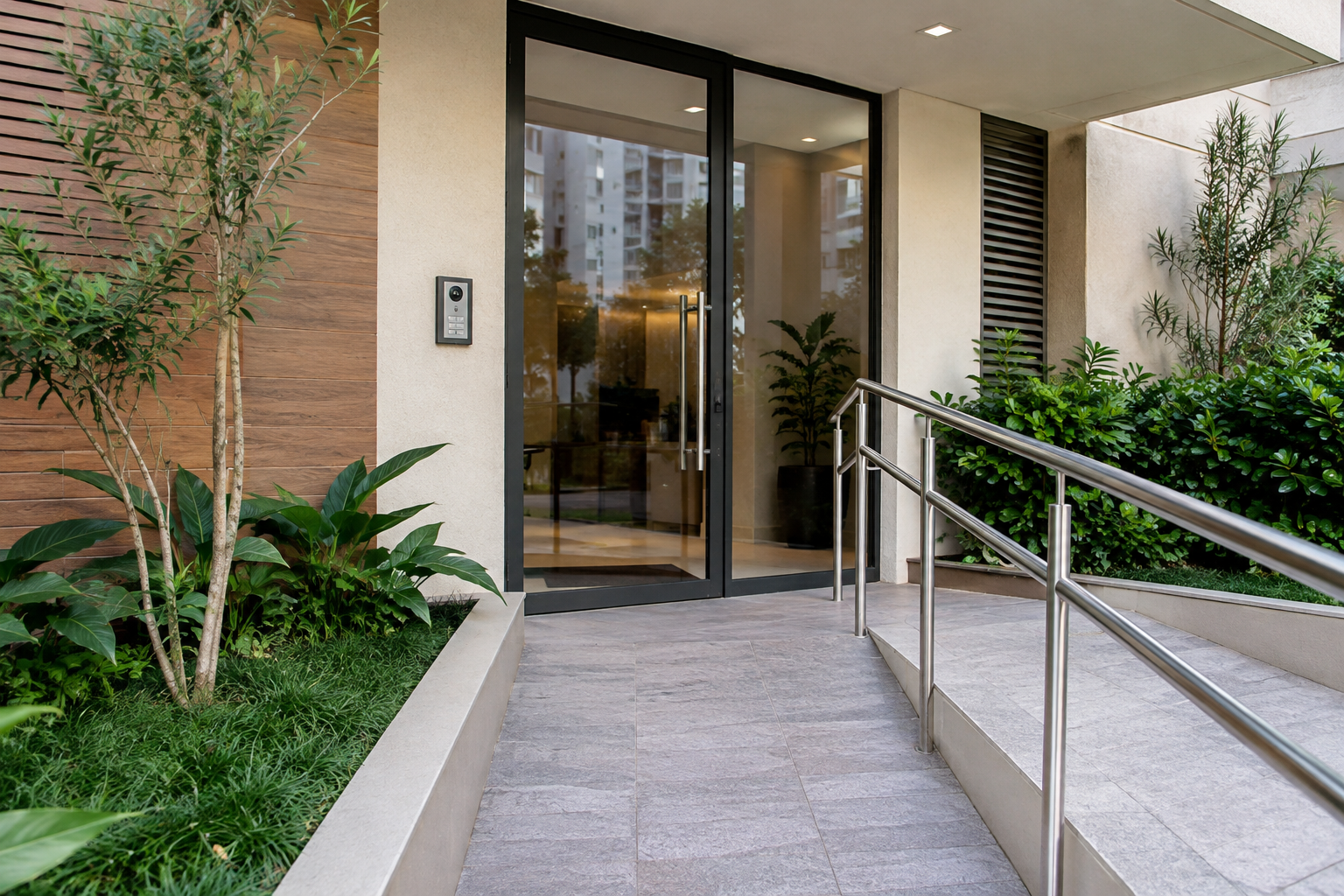 Entrada compacta de edifício residencial com interfone, rampa e pequeno jardim.