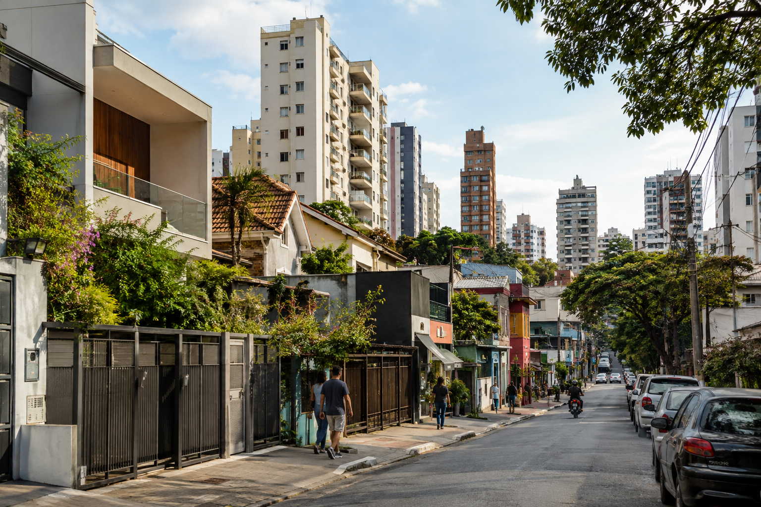 Diversidade de imóveis e usos em um bairro residencial brasileiro.