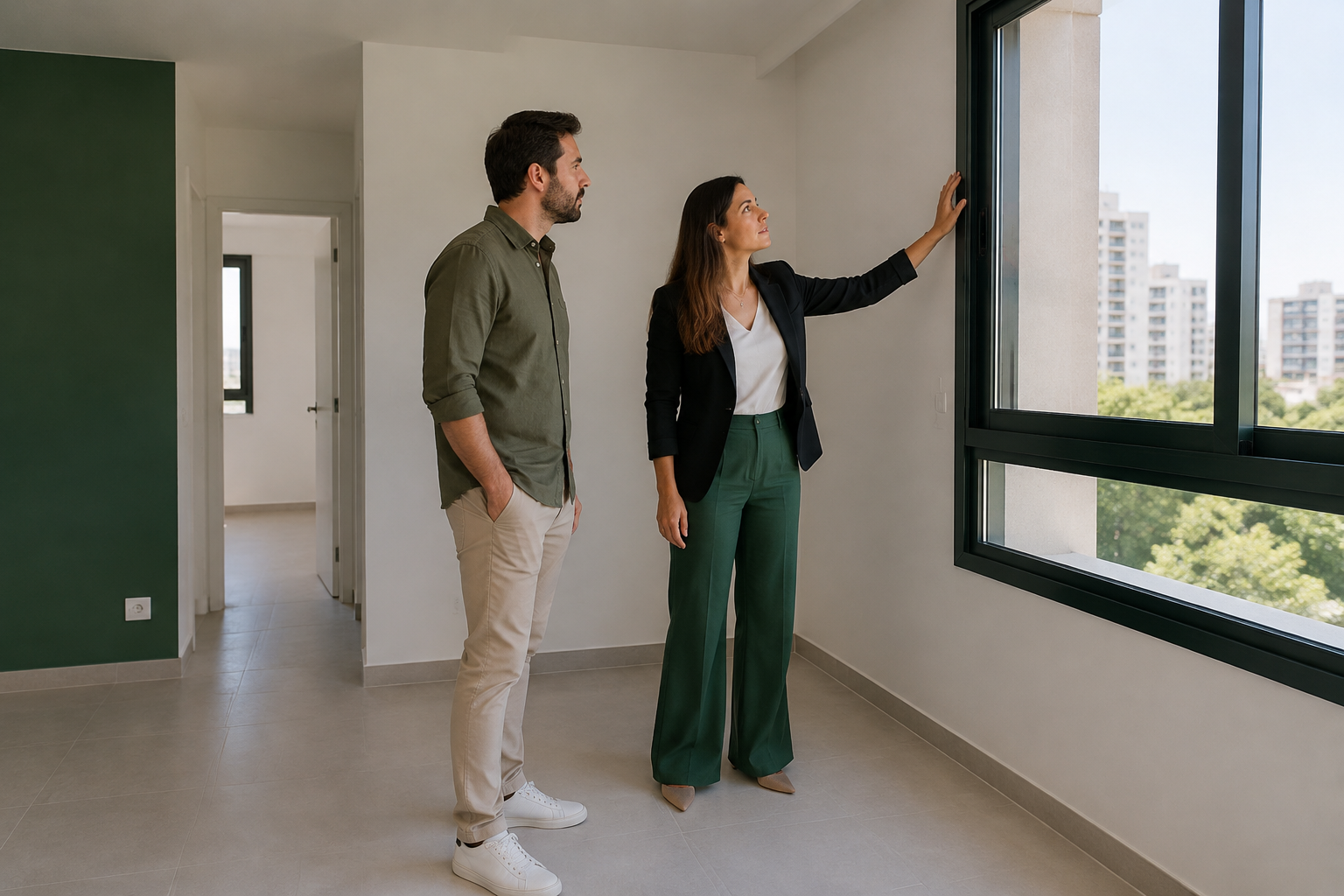 Comprador e consultora verificando esquadrias e acabamentos de apartamento desocupado.