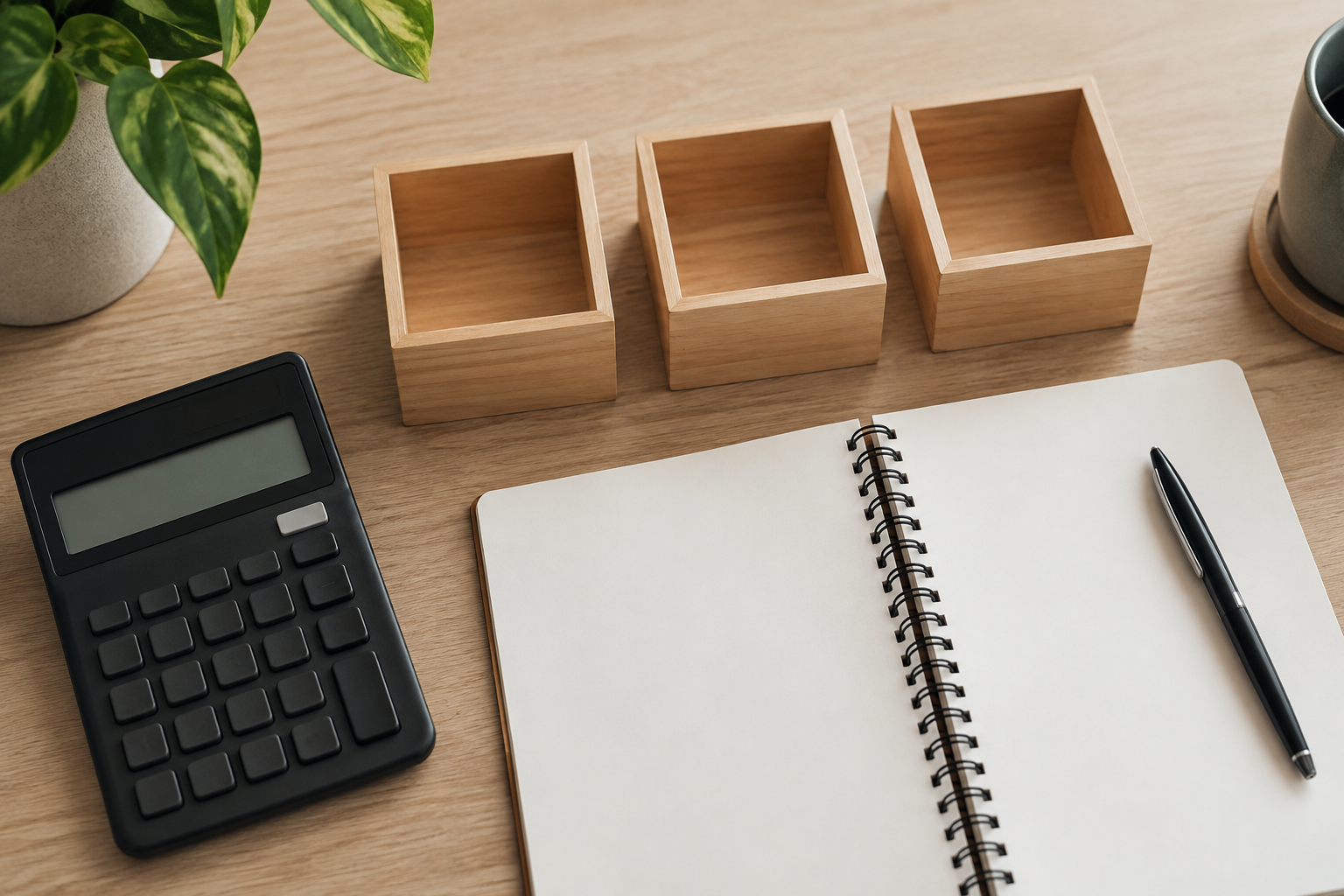 Calculadora, caderno e compartimentos separados sobre mesa de planejamento financeiro.