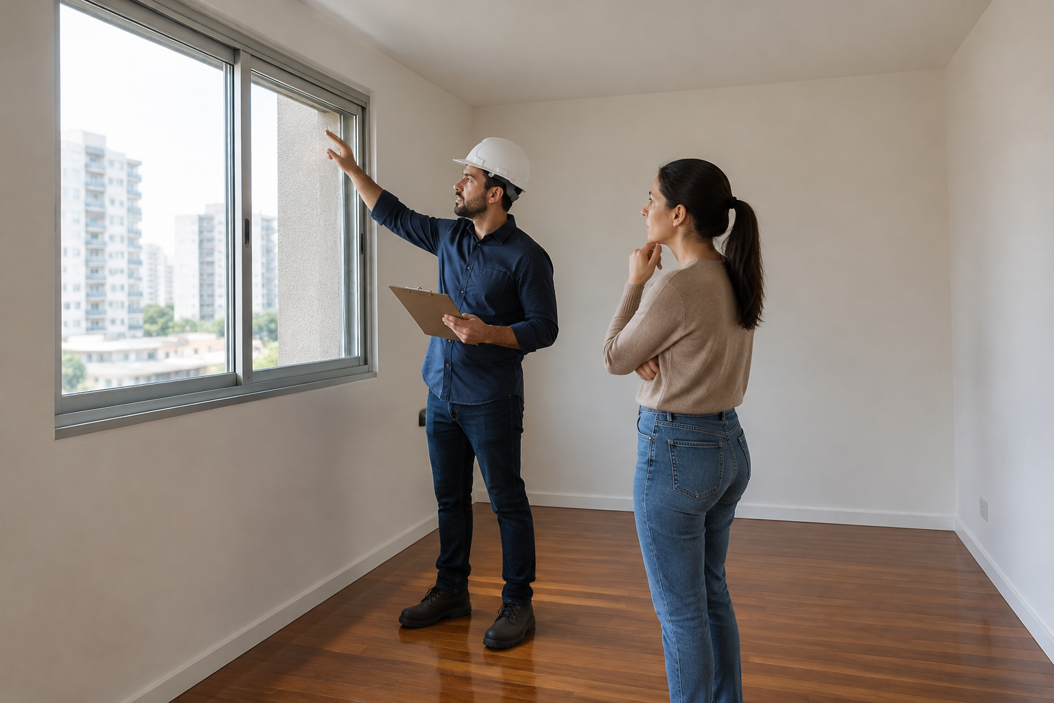 Proprietária e profissional verificam janela e parede durante vistoria de apartamento vazio.