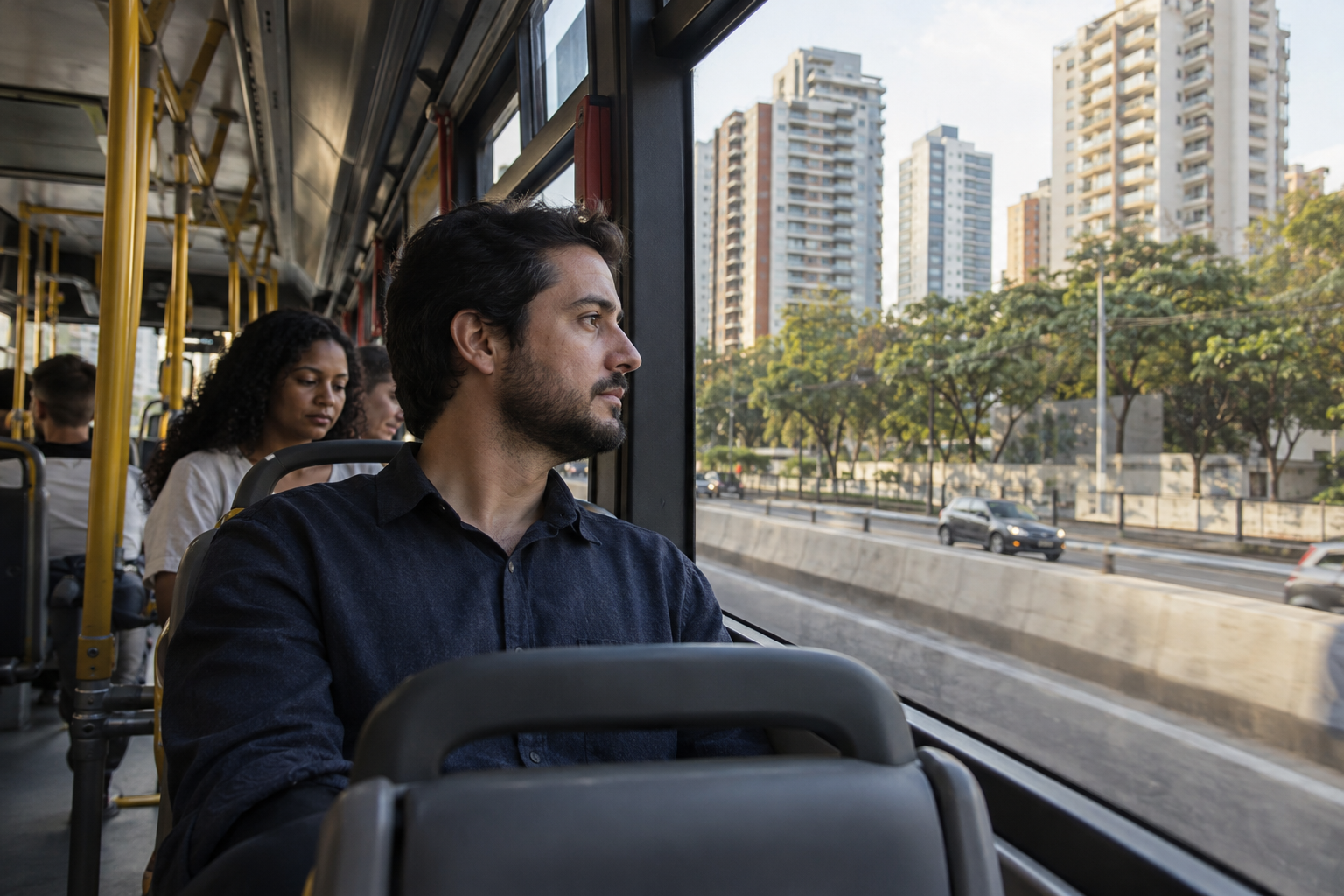 Passageiro observa uma avenida residencial durante um trajeto de ônibus.