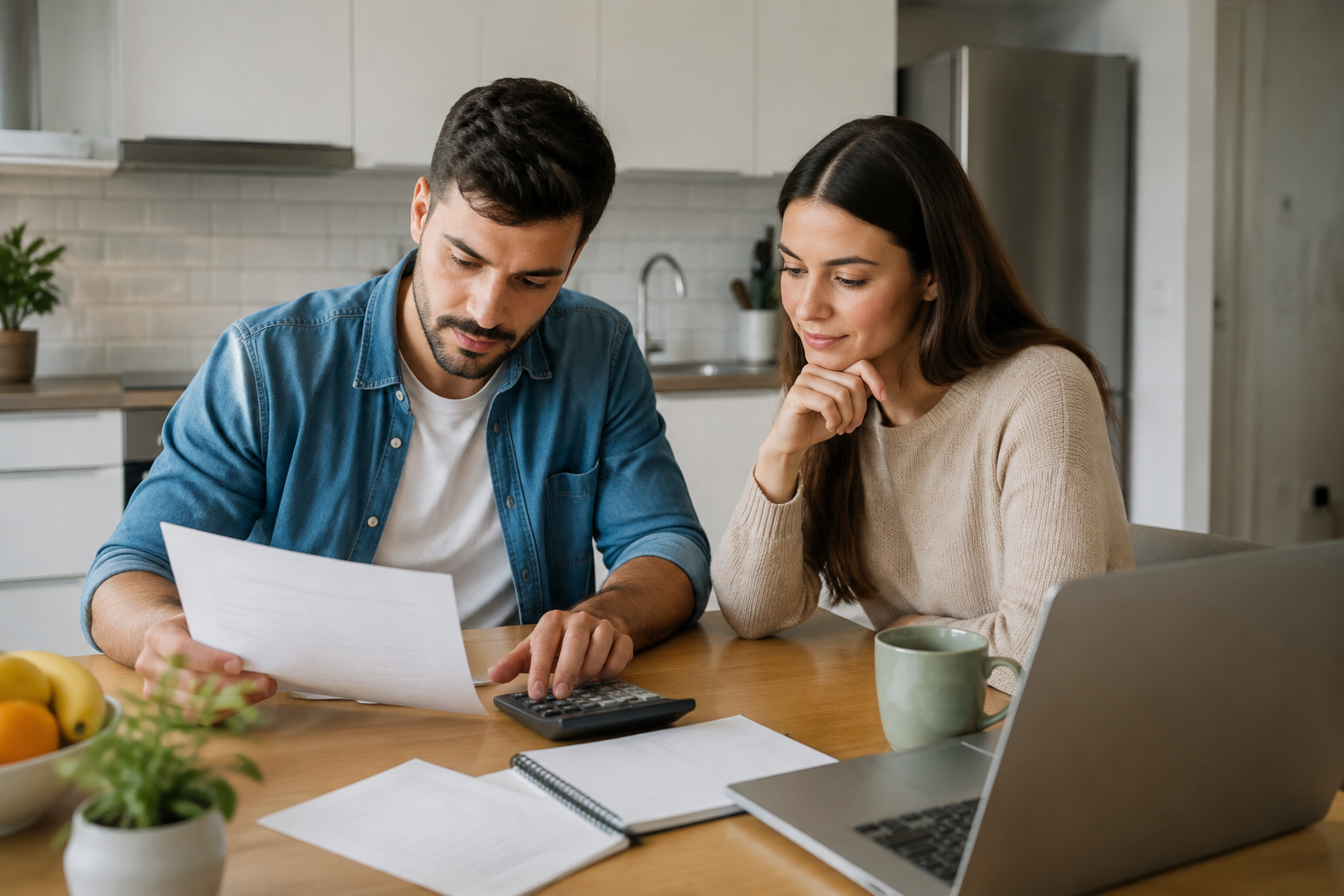 Casal organiza o orçamento doméstico com calculadora e caderno.