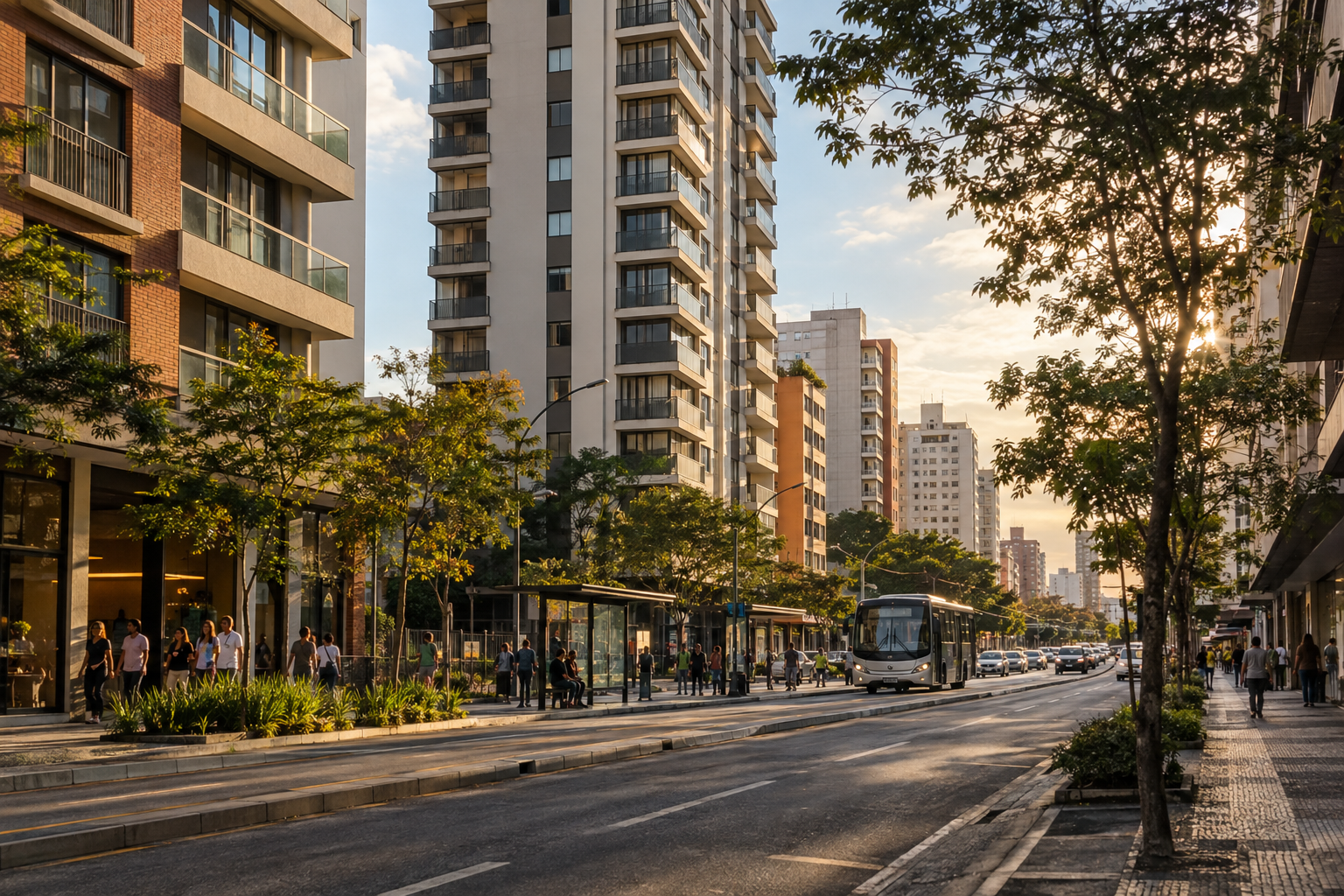 Bairro de uso misto com edifícios residenciais, comércio e transporte coletivo.