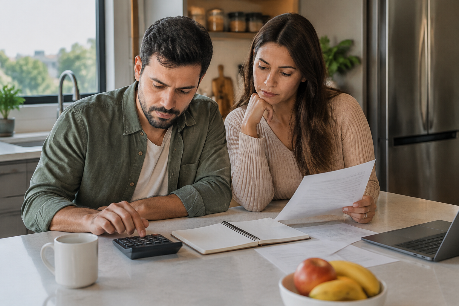 Casal organiza o orçamento doméstico com calculadora e caderno.