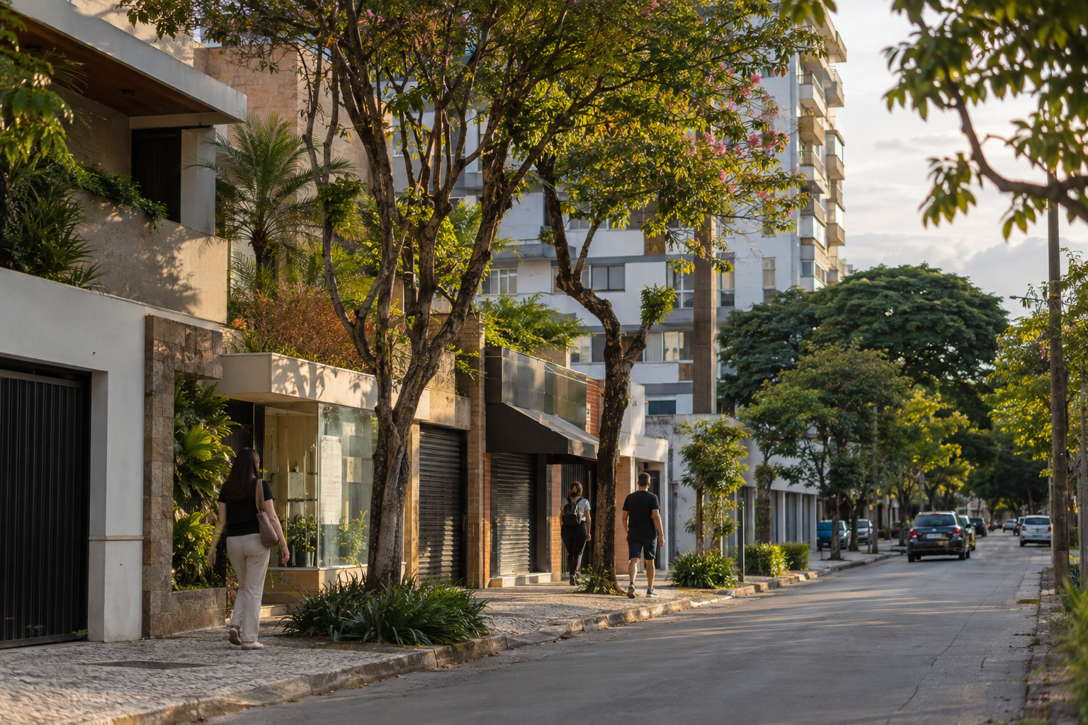 Rua brasileira arborizada com casas, apartamentos e pessoas caminhando na calçada.