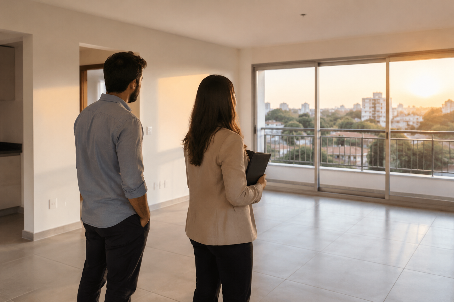 Fotografia editorial realista de visita de duas pessoas adultas anônimas a um apartamento vazio, observando uma sala iluminada e suas condiç