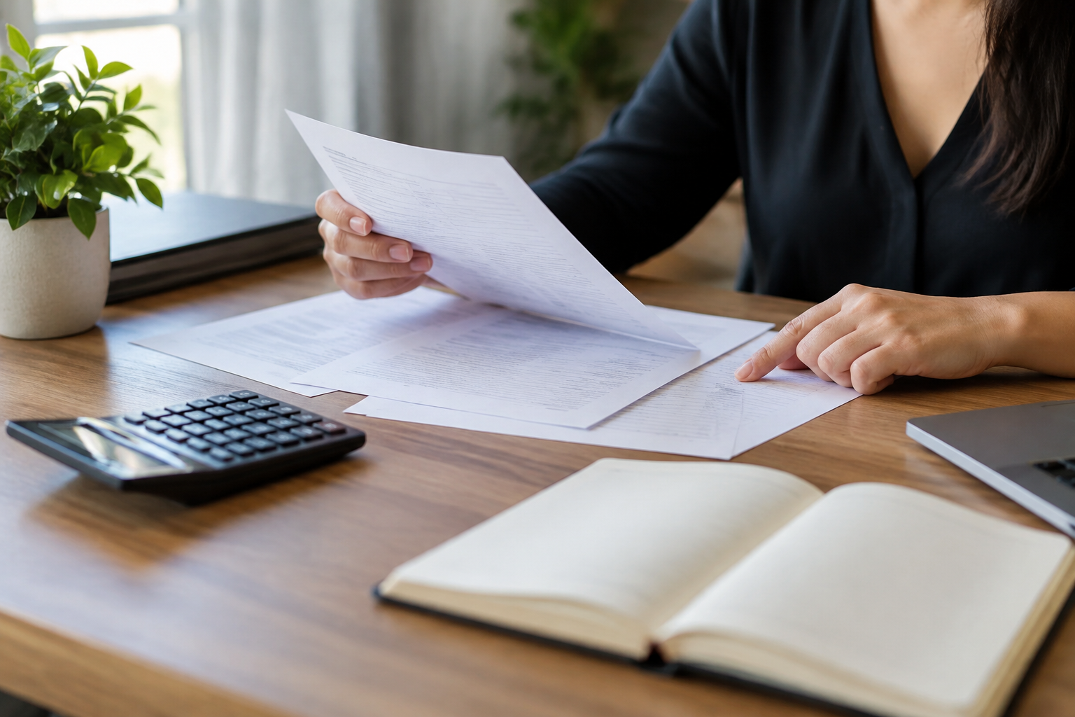 Pessoa compara documentos com apoio de uma calculadora sobre a mesa.