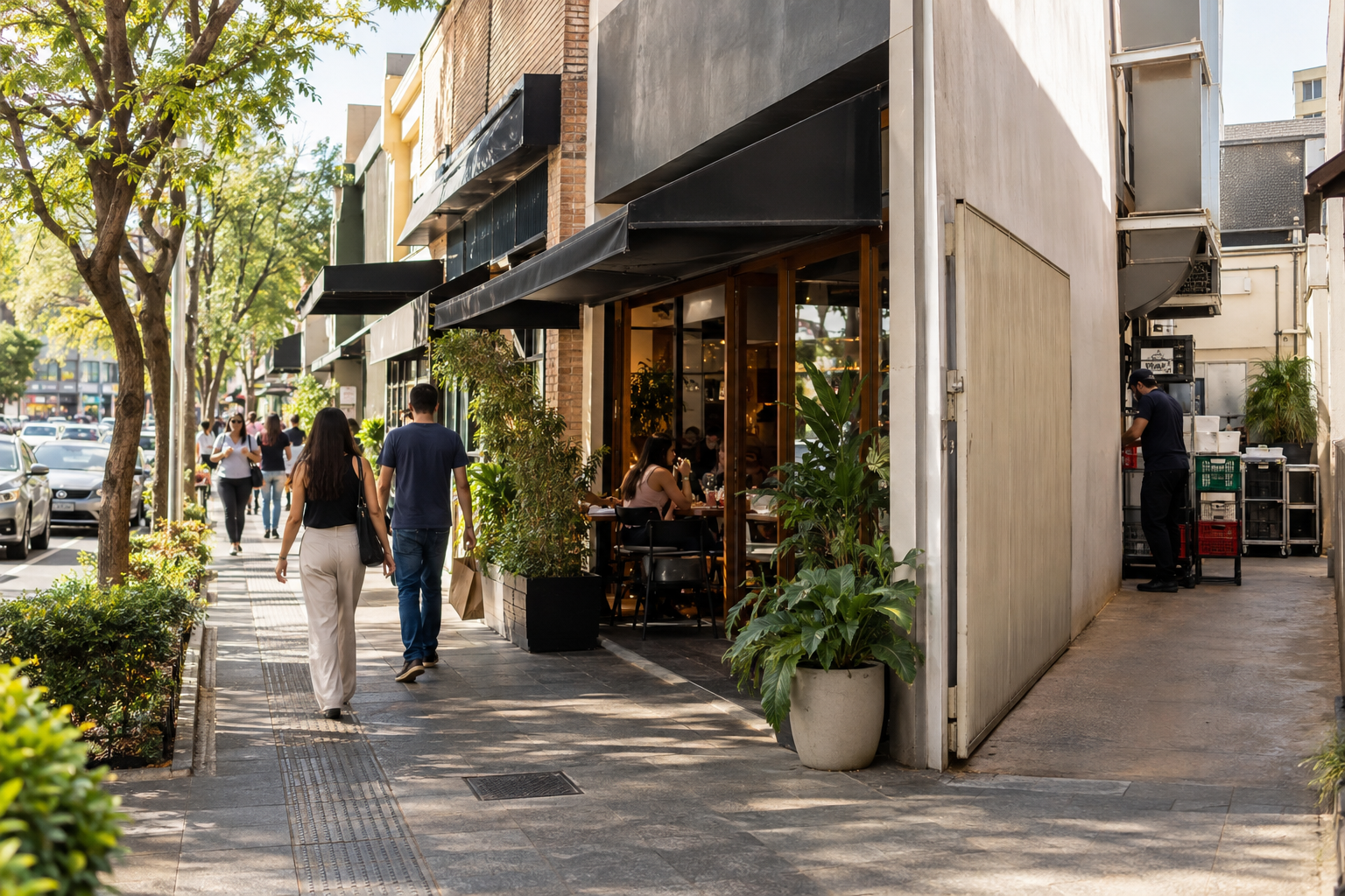 Pedestres em calçada de rua comercial com pequenos estabelecimentos em funcionamento.