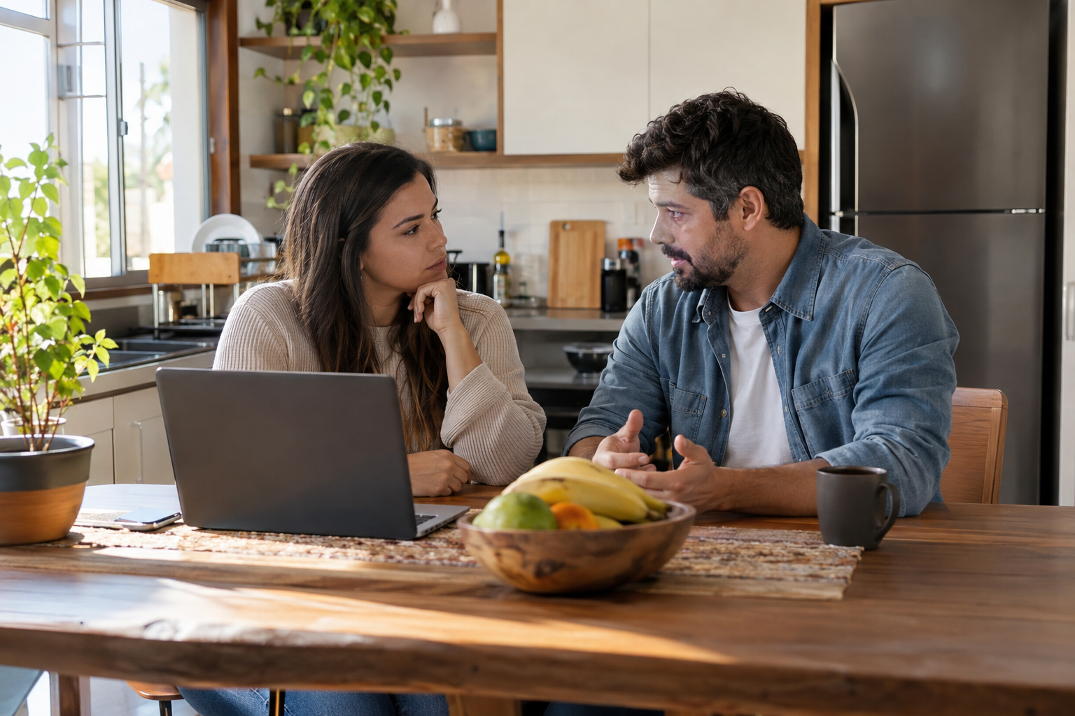 Casal conversa sobre o orçamento familiar na cozinha de um apartamento.
