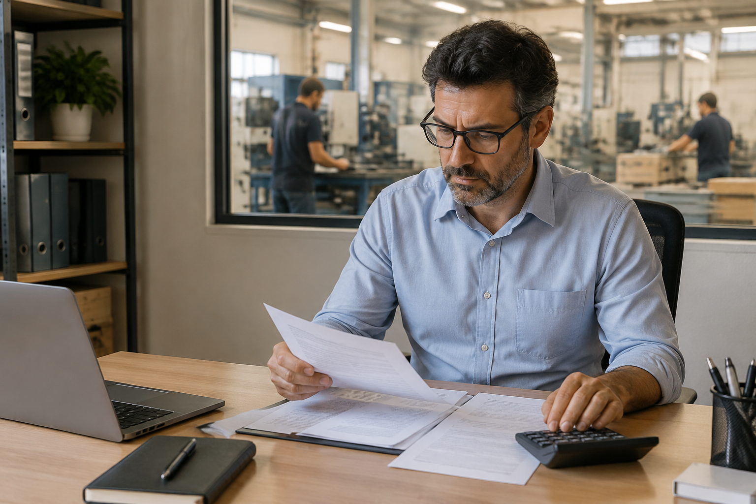 Empresário analisa documentos financeiros com a operação produtiva ao fundo.