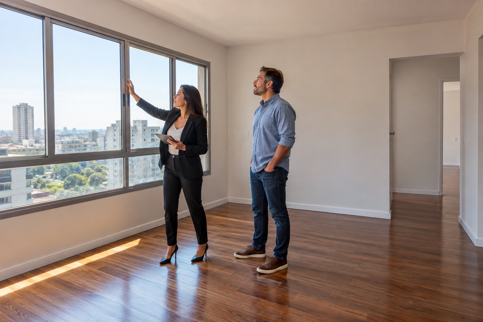 Consultora e proprietário verificam a conservação de um apartamento vazio.