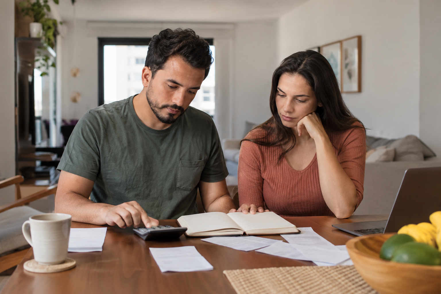 Casal organiza o orçamento doméstico com calculadora e documentos sobre a mesa.