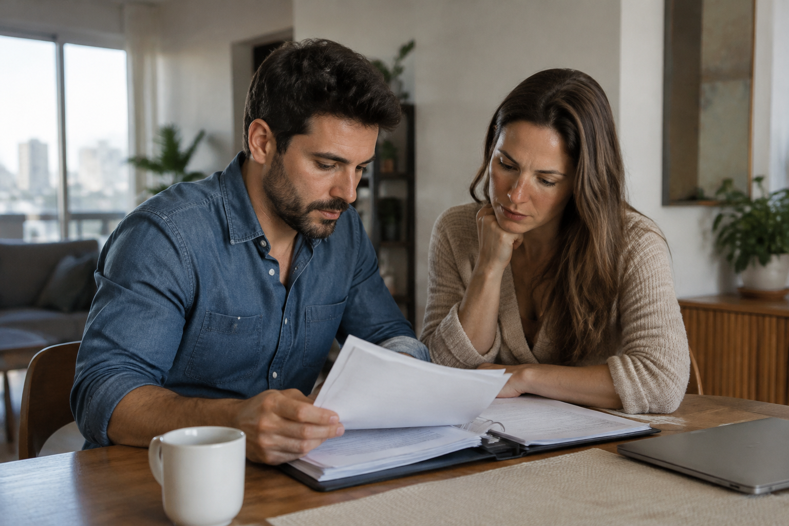 Dois coproprietários conferem documentos do apartamento em uma mesa.