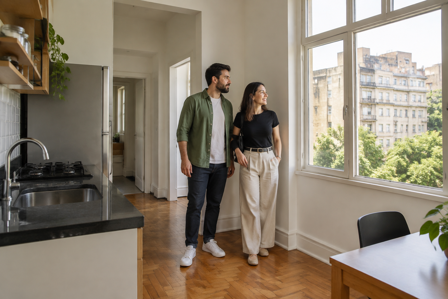 Fotografia editorial realista de casal visitando apartamento compacto concluído em prédio antigo recuperado, observando janela ampla e ilumi