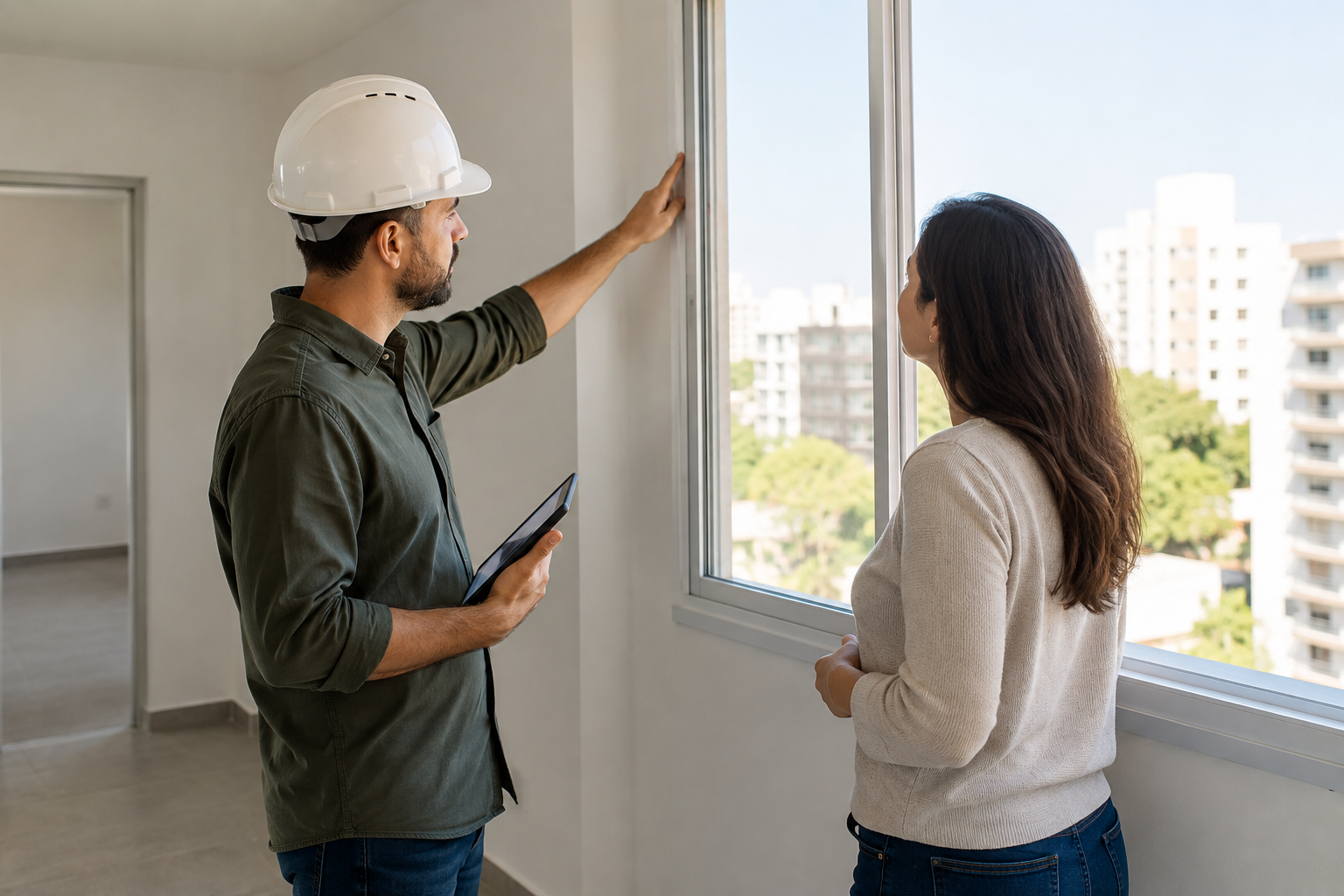 Profissional e comprador verificam janela e acabamento durante vistoria de apartamento.