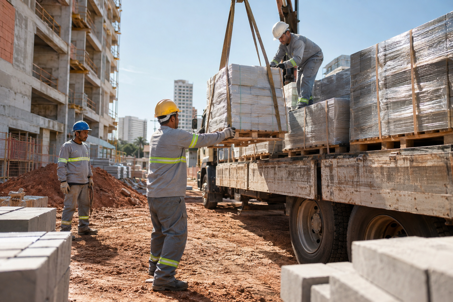 Entrega de materiais em canteiro de obras brasileiro.