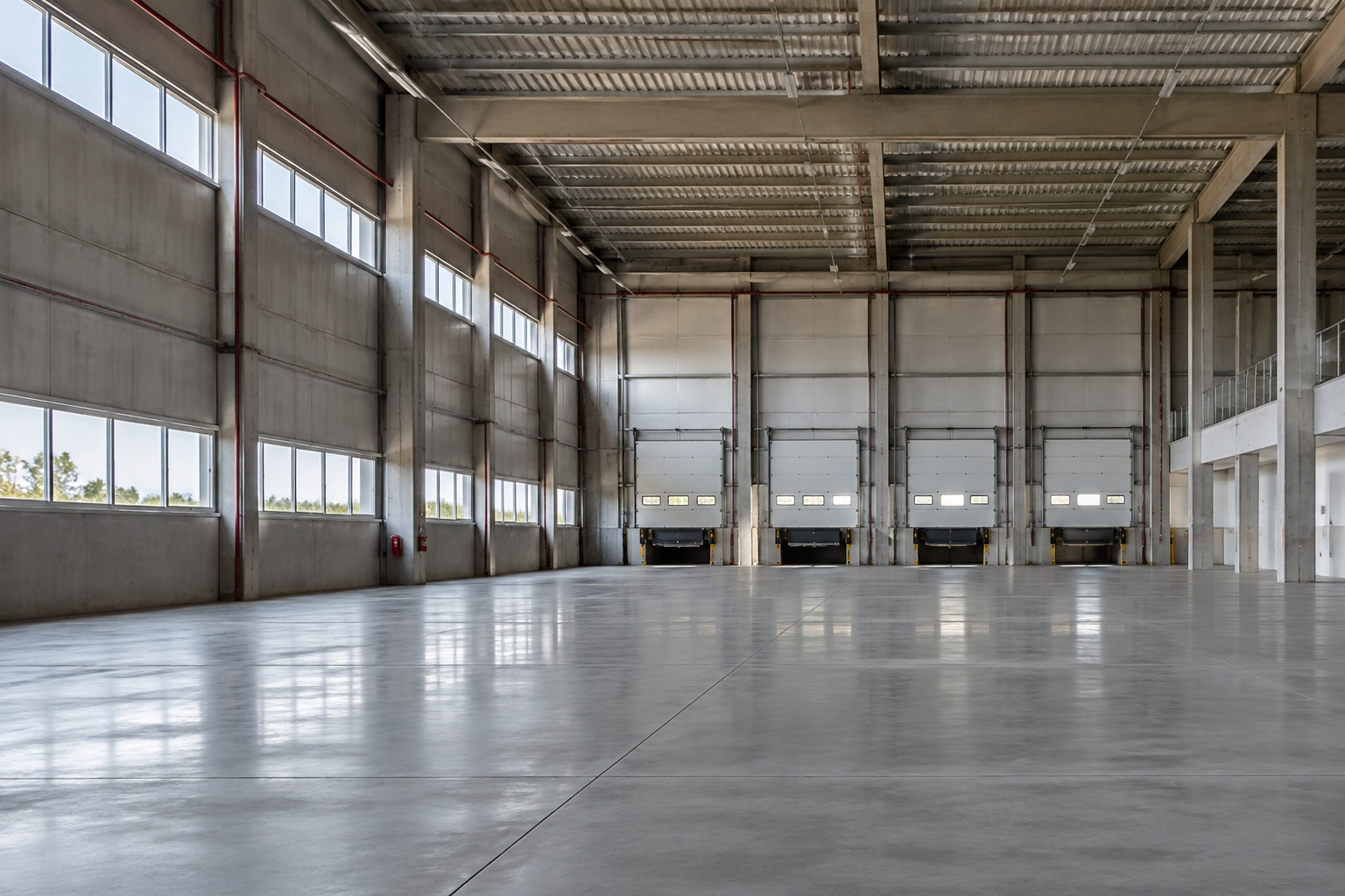 Fotografia arquitetônica realista do interior de um galpão industrial vazio na região de Curitiba, piso de concreto conservado, pé-direito a