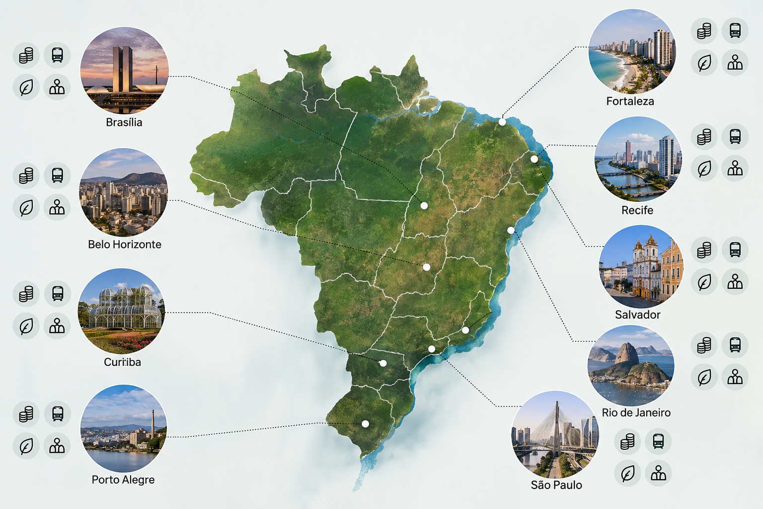 mapa infográfico do Brasil com São Paulo, Rio de Janeiro, Belo Horizonte, Brasília, Curitiba, Porto Alegre, Salvador, Recife e Fortaleza ide