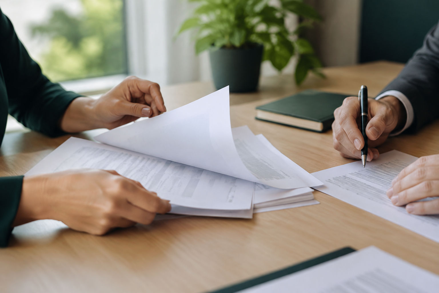 Mãos conferindo páginas de documentos sobre uma mesa de escritório.