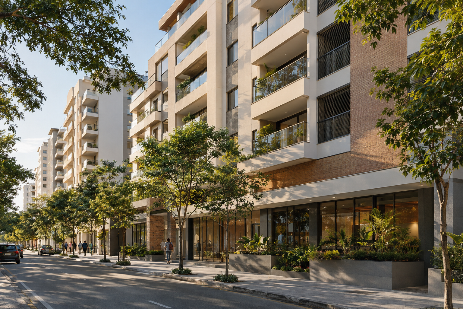 Edifício residencial com comércio no térreo em uma rua arborizada brasileira.