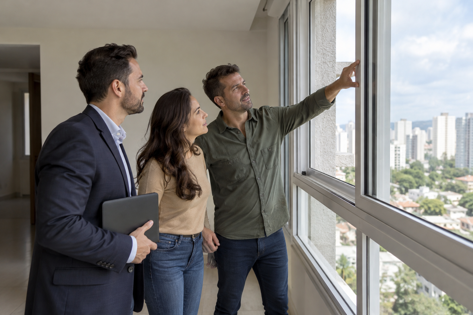Casal e profissional imobiliário verificam a conservação de um apartamento durante visita.