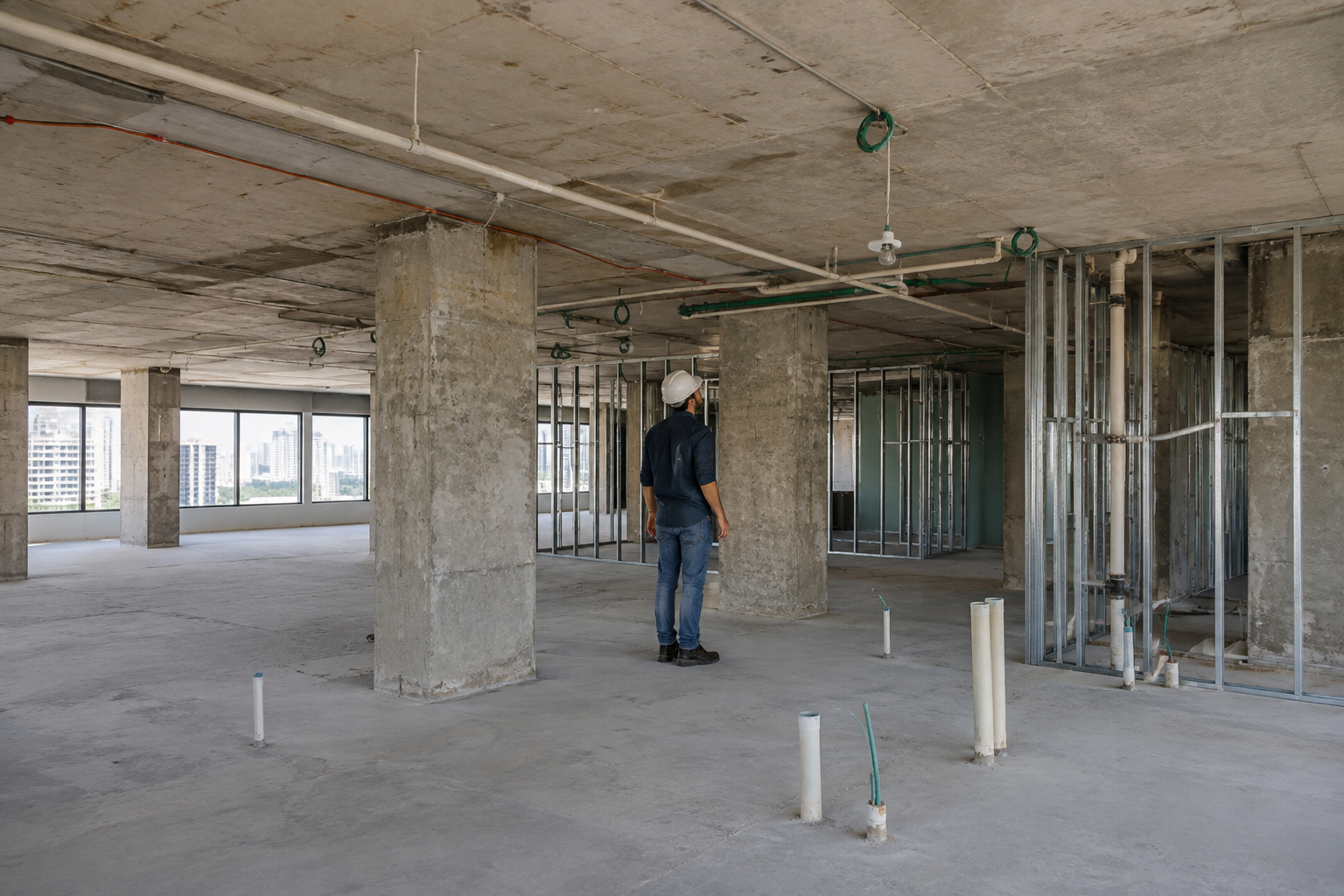 Fotografia técnica realista do interior de um antigo escritório em processo de conversão residencial, laje profunda, pilares aparentes, nova