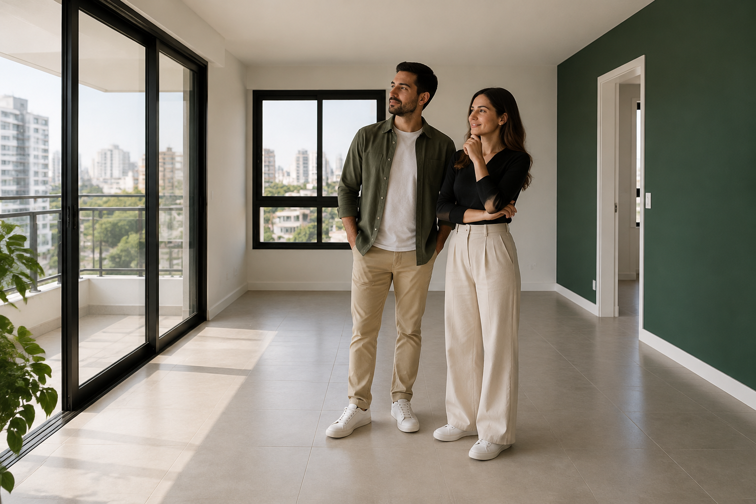 Casal avalia uma sala vazia durante a visita a um apartamento residencial.