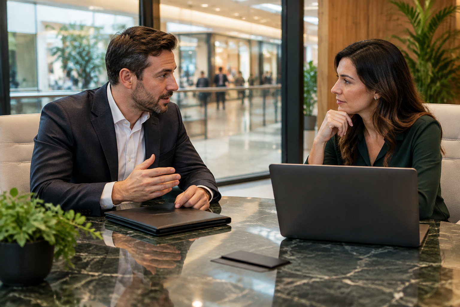 Lojista e representante do empreendimento conversam em uma sala de reunião.