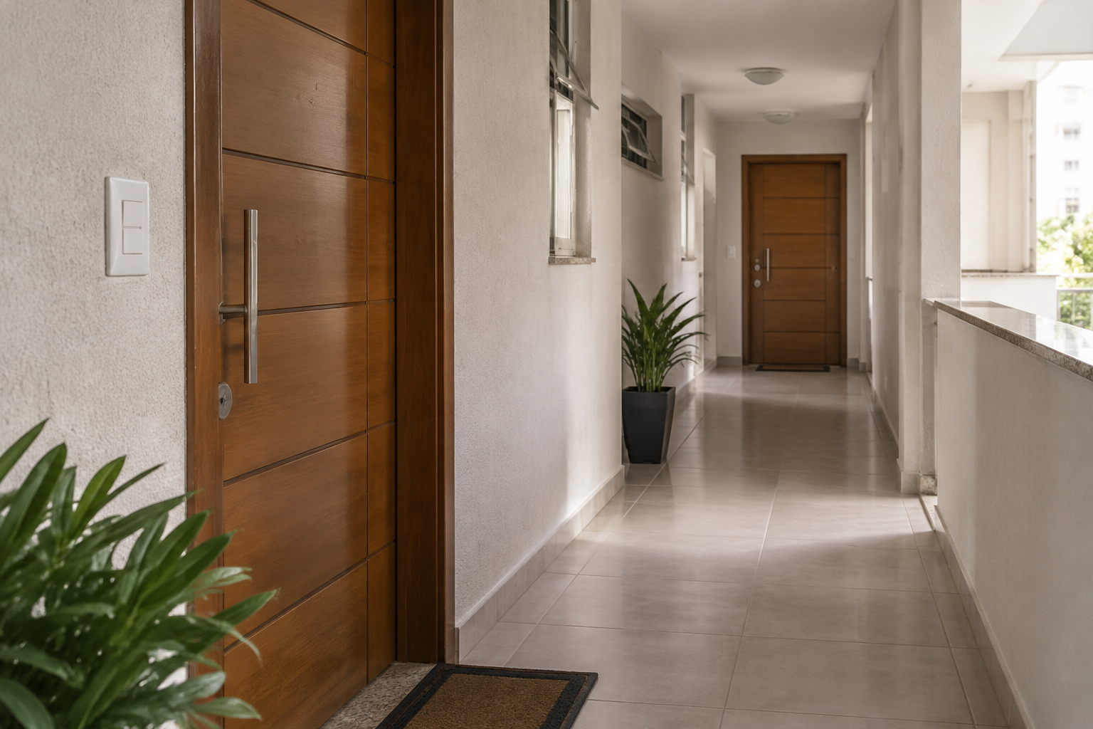 Corredor de condomínio com portas de apartamentos e iluminação suave.