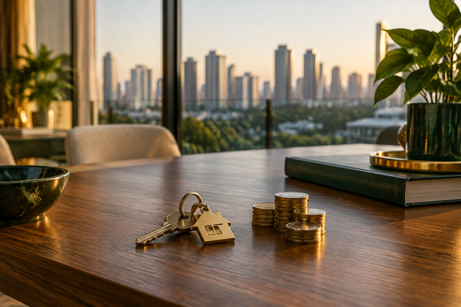 Chave de imóvel e moedas sobre mesa junto à janela de um apartamento com vista urbana.