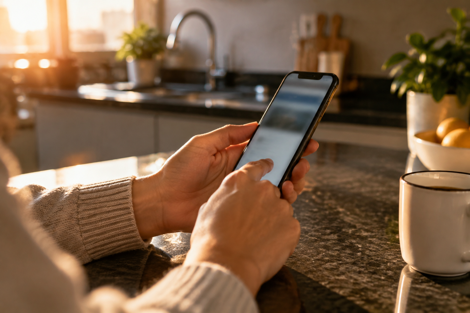 Pessoa utiliza o celular em casa para realizar uma operação financeira.