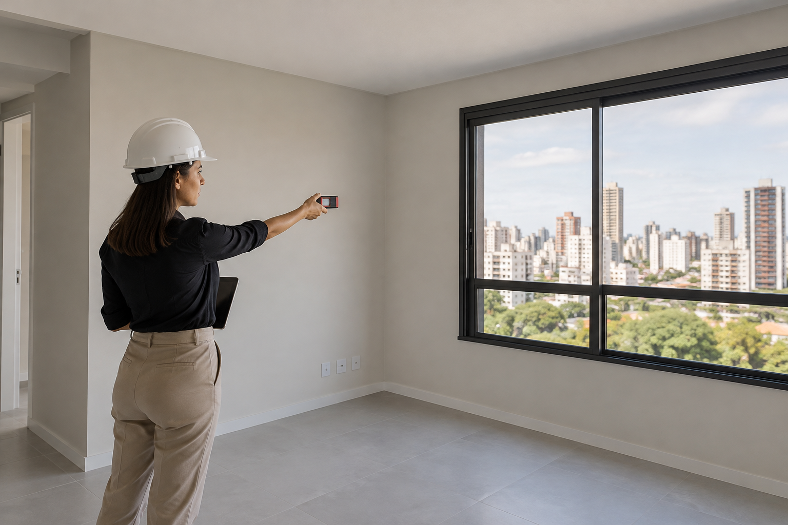 Engenheira inspeciona um apartamento novo durante avaliação do imóvel.